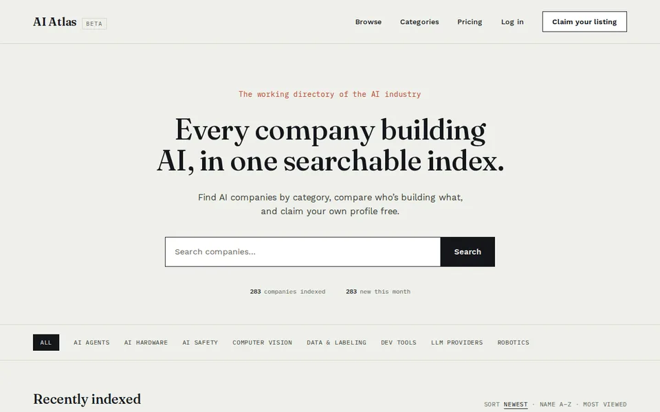 AI Atlas homepage with a company search box