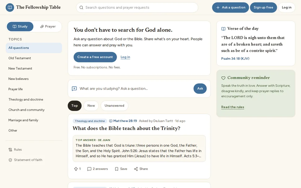 The Fellowship Table question feed with topics and verse of the day