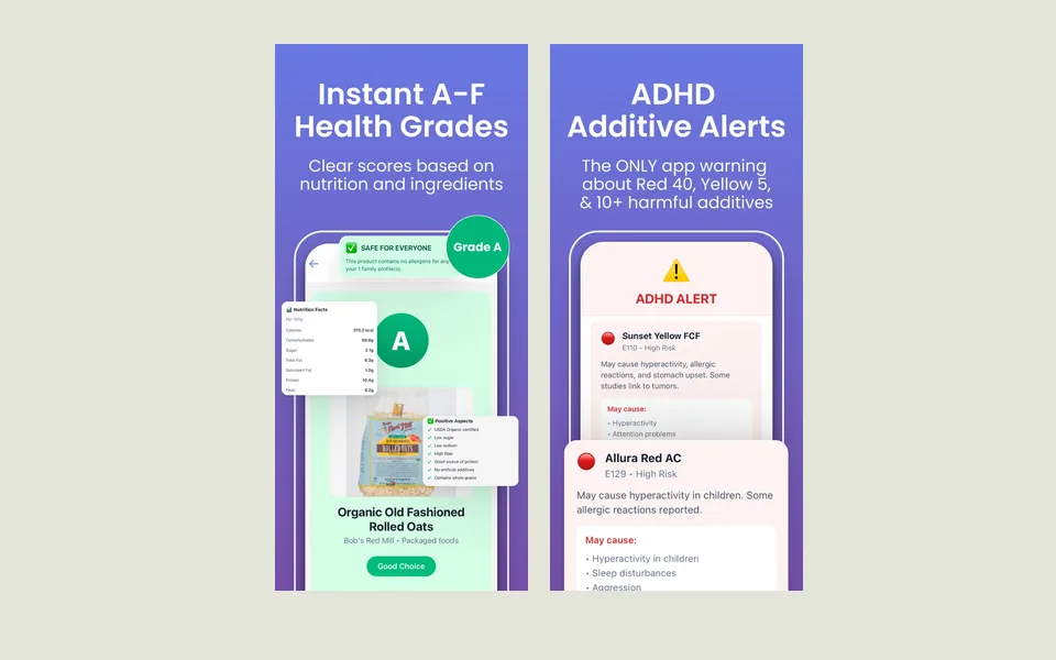 Two NutraDetective app screens: an A grade for rolled oats and an ADHD additive alert